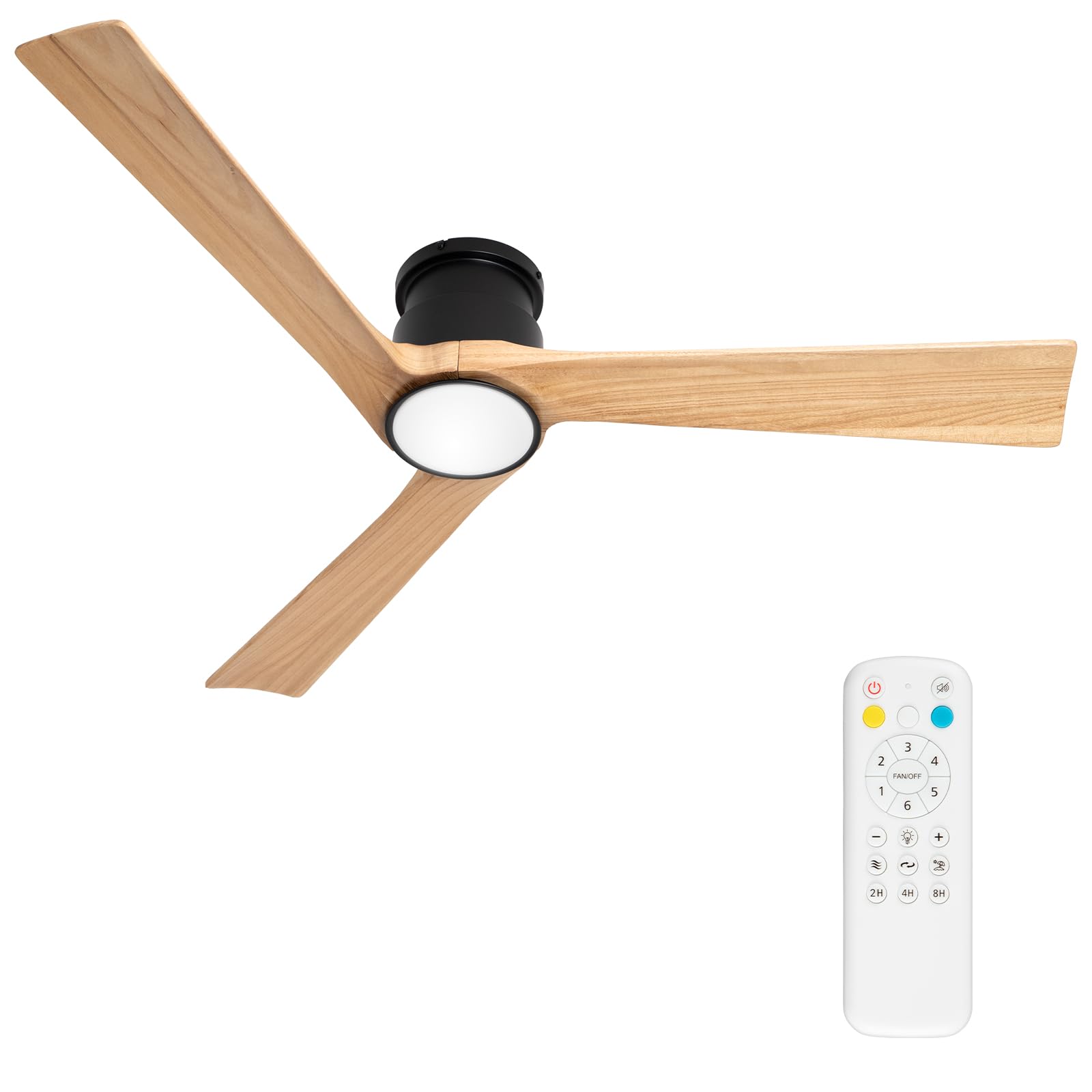 Ceiling Fan with Lights Flush Mount,52 Inch Wood Ceiling Fans with Remote Control Noiseless Reversible DC Motor 6 Speed Timer for Bedroom,Living Room