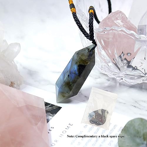 Image of Runyangshi Labradorite Healing Crystal Pendants, Double Pointed Natural Crystal Quartz Necklace 6 Faceted Chakra Crystal Wand Stone