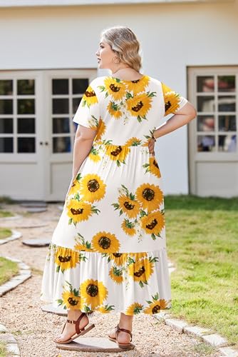 Image of IN'VOLAND Women Plus Size Short Sleeve Dress Loose Plain Casual Summer Flowy Tiered Long Maxi Dresses with Pockets