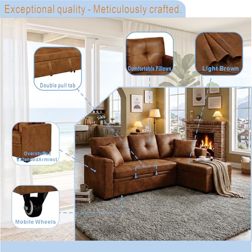Image of KEIKI 71 inch L Shaped Sofa with Pull Out Sofa Bed, Sectional Sleeper Sofa with Reversible Chaise, 3 Seater Modular Sectional Sofa with Storage for Living Room, Light Brown