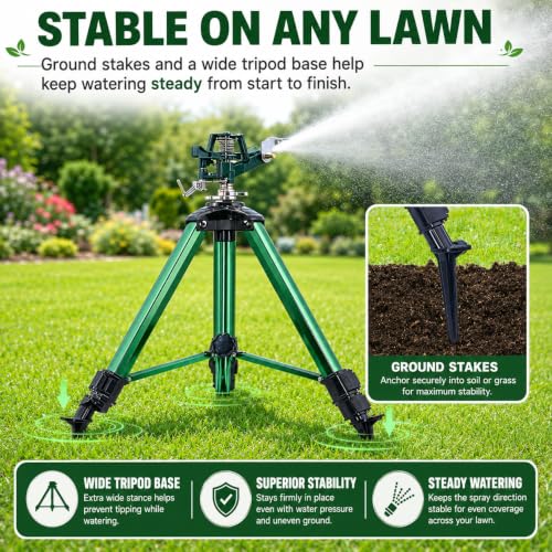 Image of Sprinklers for Yard, 2026 Heavy-Duty Lawn Sprinkler Impact Sprinkler on Spike Tripod Base with 360 Large Area Irrigation with Extension Legs to Adjust Height Irrigation System for Garden Lawn-Green