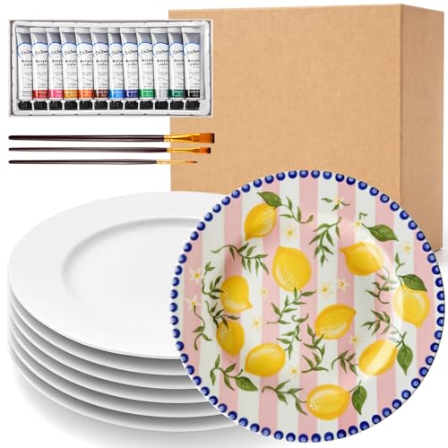 Vesici 6 Pcs Paint Your Own Ceramic Plate Kit for Adults DIY Pottery Painting Kit with Paints & Brushes Date Night & Couples Activity Creative Birthday Gift Set (7 Inch Eco-chic)