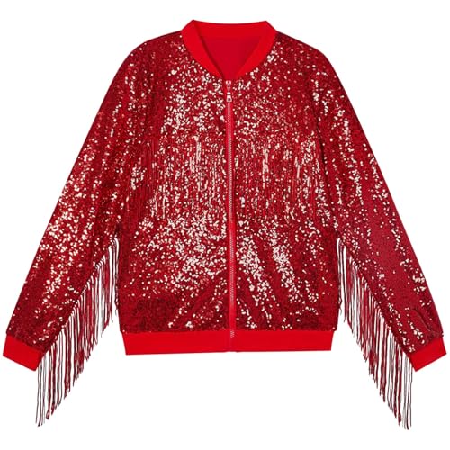wodceeke Boys Girls Tassel Sequin Jacket Kids Sparkly Glitter Bomber Jacket Zip Up Fringe Coats for Birthday Party 3-10 Years
