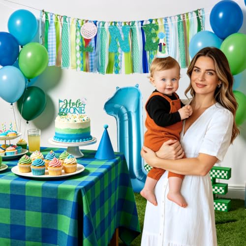 Image of Golf Hole in One Highchair Banner for First Birthday Party Decorations | Blue Green Golf High Chair Fabric Banner for Boys 1st Birthday Backdrop Decorations Photo Props Baby Shower Party Supplies