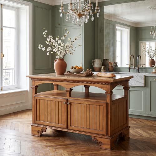 Merax 47-Inch Kitchen Island with Storage Cabinet and Shelf, Walnut | Kitchen Island with Storage, Adjustable Open Shelf, Double-Door Cabinet, Faux Granite Top, Vintage Carved Design