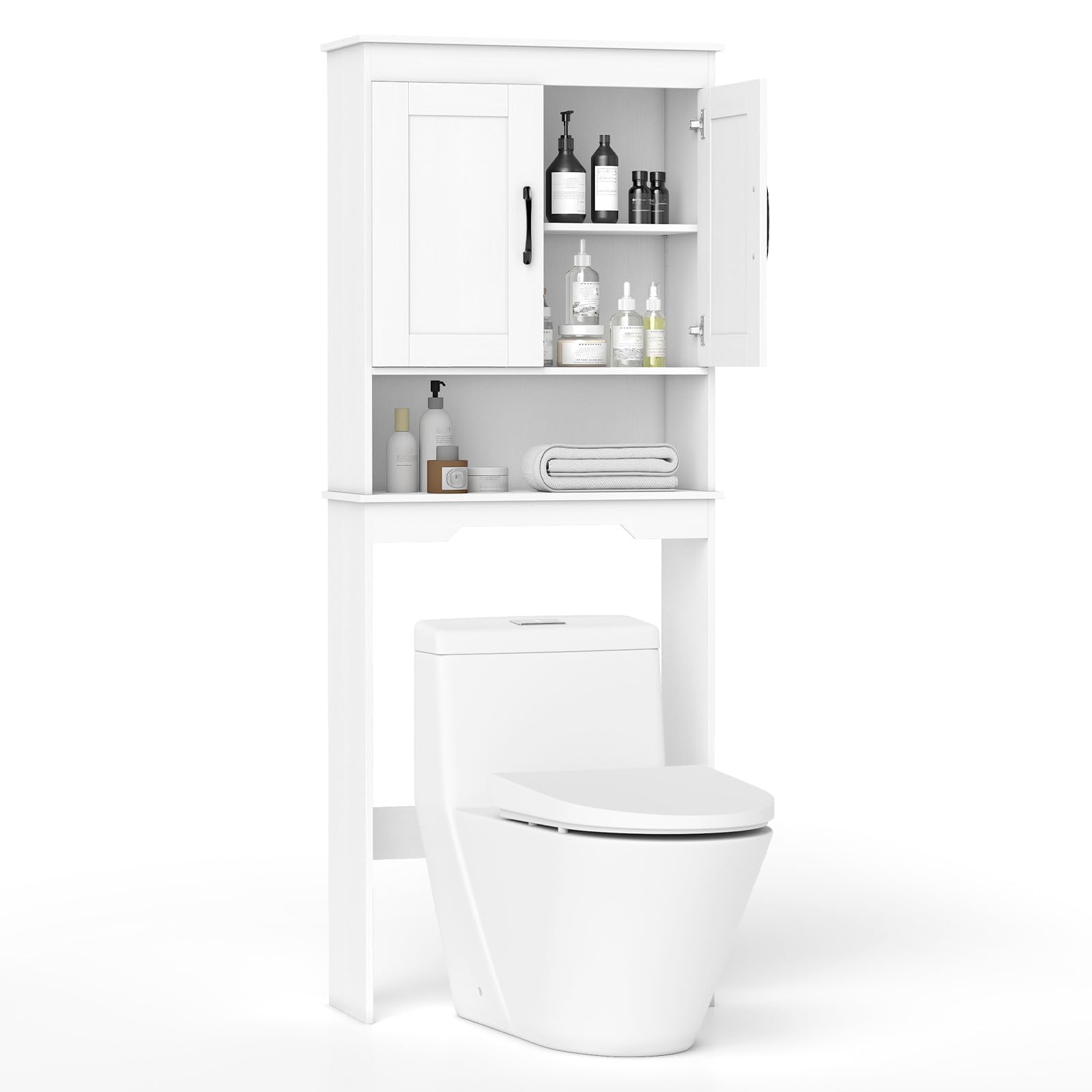 FANTASK Bathroom Cabinet, Toilet Shelf with Doors, Overmount Cabinet, Freestanding with Adjustable Inner Shelf, Washing Machine Cabinet for Bathroom, Toilet, 63 x 24 x 168 cm, White