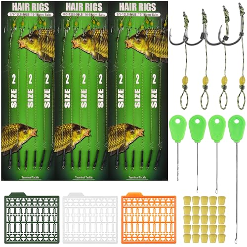 Carp Fishing Hair Rigs Kit,Boilies Fishing Bait Rig Curved Barbed Carp Hook Swivel Braided Thread Line with Corn Bait Stopper Needle Tool Carp Fishing Equipment Accessories by SILANON - Used condition - US$8.99