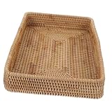 FUTUREORYY Bandeja Rectangular de Ratán Tejida Mano para Almacenamiento y Servicio Bandeja Decorativa Bohemia Multiusos para Mesa de Centro Cocina y Baño Resistente y Natural
