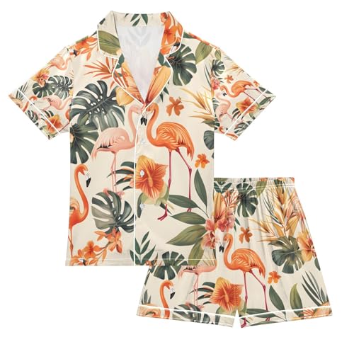senya Colorful Leafs and Flamingos Satin Summer Pajama Sets Silk Short Sleeve Button Down Sleepwear