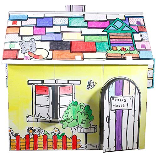 FUNTRESS Cardboard Playhouse for Kids with Markers to Color Gift for Children (49.2x35.5x52/34.2 Inch)
