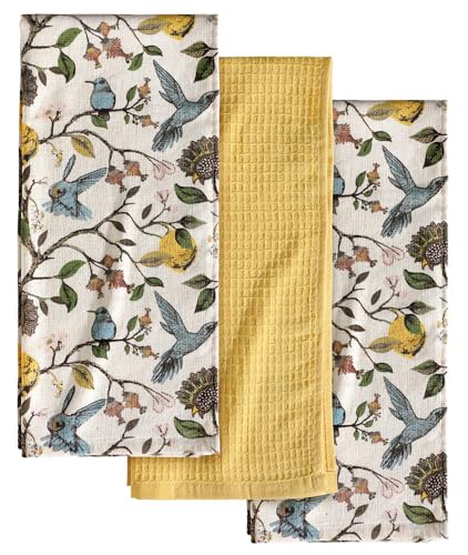 Miss Adola 3pcs Cotton Kitchen Towels - 270 GSM 16x25 Inch Terry Cloths Reusable Dish Cloths for Cleaning Absorbent Soft Hand Tea Towels with Hanging Loop for Housewarming Home Decor, Lemon Bird