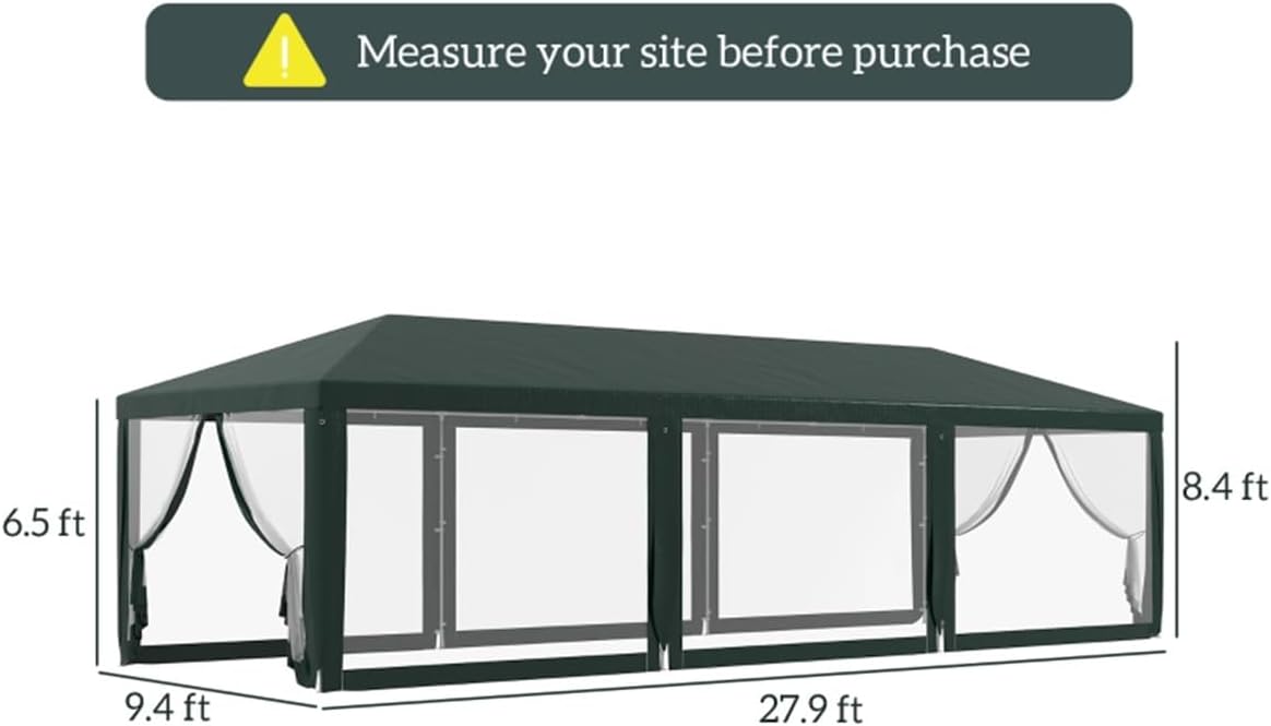 27.9 x 9.4 FT Large Party Tent, Foldable Outdoor Wedding Canopy with 8 Mesh Sidewalls, Waterproof UV-Blocking PE Roof, Heavy Duty Steel Frame Shelter for BBQ Events