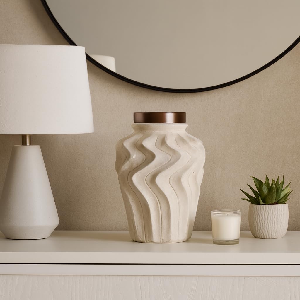 Artisan Ceramic Jar with Metal Lid - Stylish Jar with Wavy Design for Living Room, Bedroom Accents, or Office - Home Decor Statement Piece for House, Table, and Room Decor - 10", Cream & Bronze