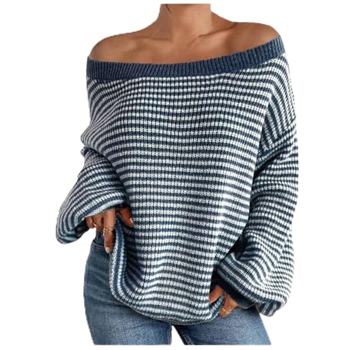 Womens Striped Sweaters Casual Off Shoulder Tops Long Sleeve Knit Shirts Oversized Color Block Tops Loose Sweaters Blue