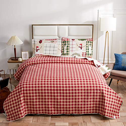 Christmas Quilt Set King Size Red Green Plaid Patchwork Quilt Set Lightweight Bedspread Coverlet Snowman Pattern Bedding Bed Set Gift for Kids Girls Adults,1 Quilt,2 Pillow Shams