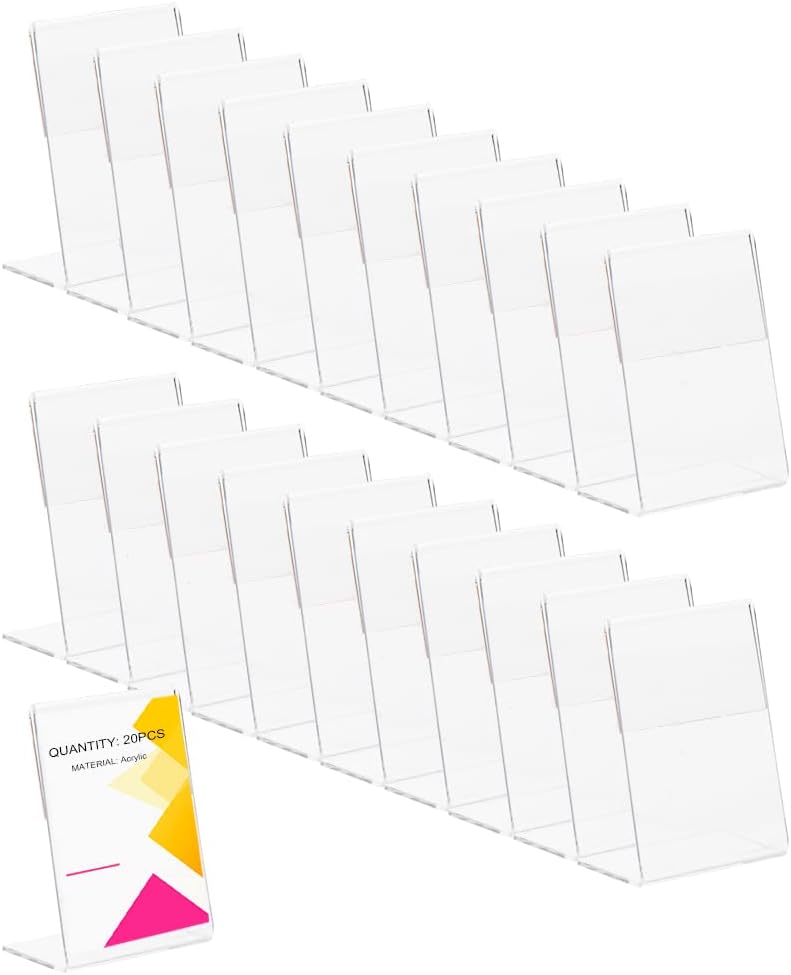 Daboza 20pcs Acrylic Sign Holder, Clear Tabletop Plastic Menu Display Holder, Slant Back Acrylic Sign Holders, L Shape Clear Mount Sign Holder