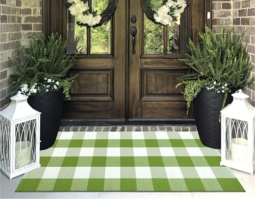 2x4 Outdoor Rug,Green and White Buffalo Plaid Rug Cotton Woven