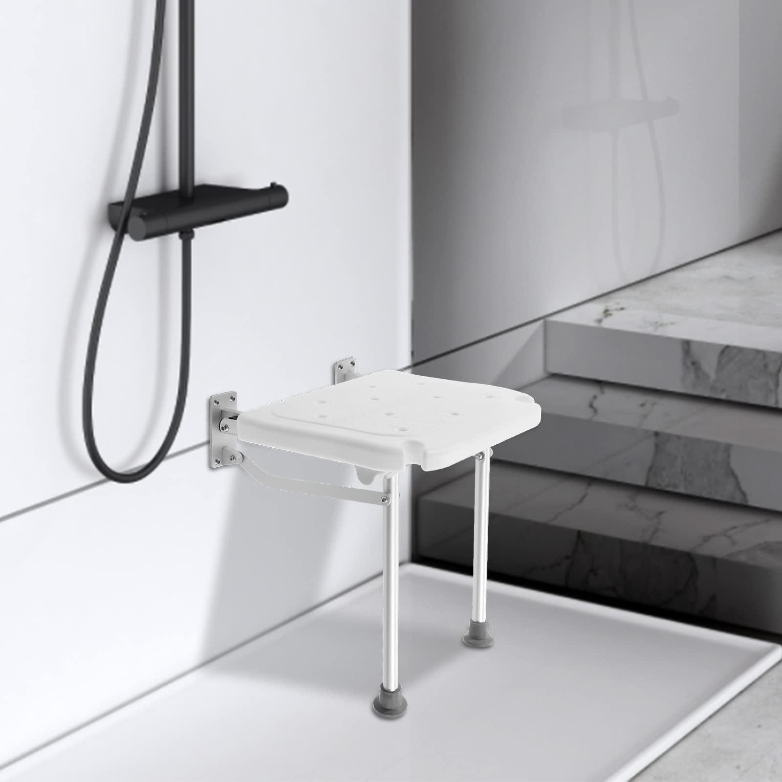 Sgabello da doccia pieghevole a parete, sedia da doccia pieghevole, per anziani, donne in gravidanza e disabili, portata massima 100 kg, sgabello da doccia pieghevole con piedini di supporto, sgabello