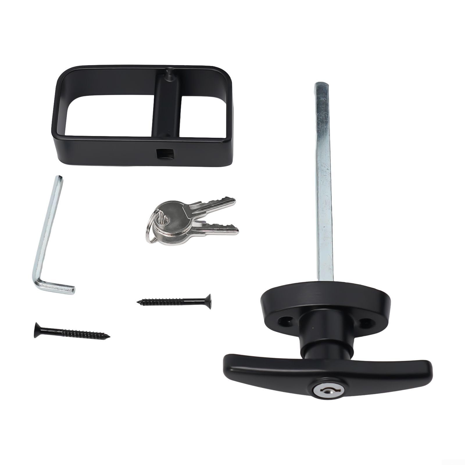 Set di serrature con maniglia a T per porta di capannone, fienile o edificio esterno, struttura in lega di zinco verniciata a polvere nera e ferro con stelo da 14 cm, include maniglia a D interna,