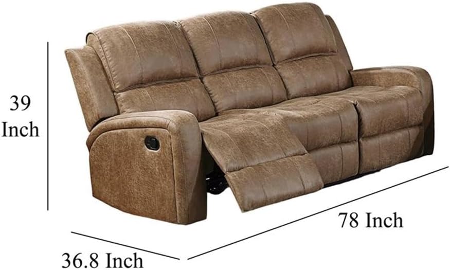 Pemberly Row 78" Manual Recliner Sofa, Chestnut Brown Faux Leather, Solid Wood Frame, Horizontal Tufted Back, Square Arms, Built-in Spring, Contemporary Living Room or Lounge Seating