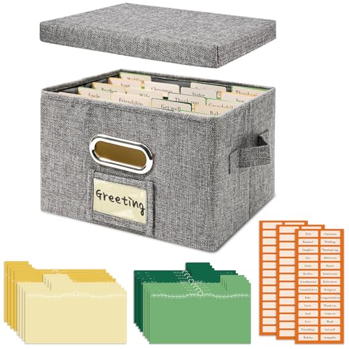 Vienrose Greeting Card Organizer Box with 20 Removable Dividers, 84 Labels, Large Capacity Foldable Storage Box for Photos, Postcards, Stickers & Keepsakes, Portable Linen Organizer, Pink&Lotus