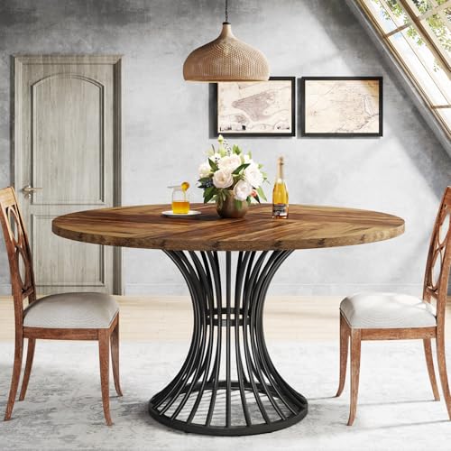 Image of Tribesigns Round Dining Table for 4-6 People, 47-Inch Farmhouse Dinning Room Circle Kitchen Table, Industrial Dinner Table with Metal Base for Kitchen, Living Room, Black and Brown