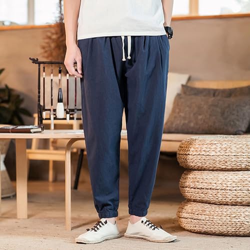 Mens Casual Cotton Linen Pants Big and Tall Elastic Drawstring Waist Pant Loose Comfy Summer Beach Pants Cinch Bottom2