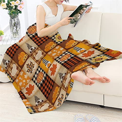 HUGS IDEA Thanksgiving Gift Blanket Autumn Warm Orange Plaid Collage Gnome Blanket Sunflower Pumpkin Maple Lattice Patchwork Funny Throw for Parent & Kids-M - Image 3