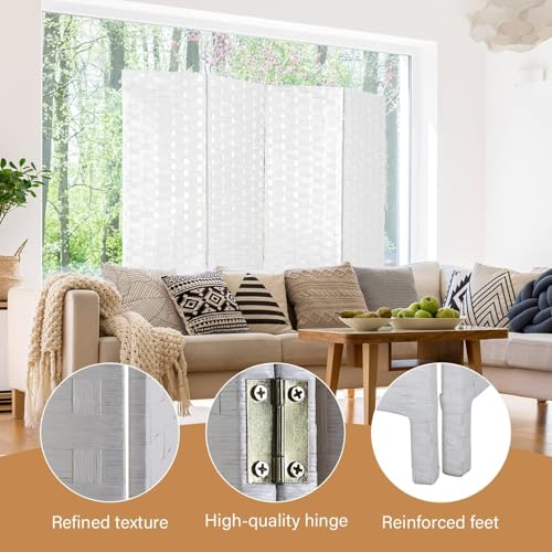 Room Divider 4 Panel Partition,Folding Privacy Screens Portable Seperating Wall, Handwork Rattan Mesh Woven Design,Movable Stretch Room Dividers (White)