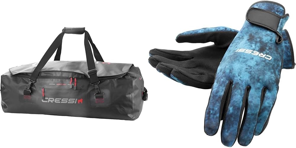 Cressi 135-Liter Waterproof Dive Bag and 2mm Blue Hunter Gloves Size L