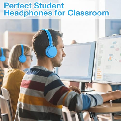 Image of Yunsailing 18 Pack Classroom Headphones Bulk, Wired Headphones,Blue | Student School Supplies, Individually Wrapped, Adjustable, over Ear Head Earbuds, for Laptop PC Computer
