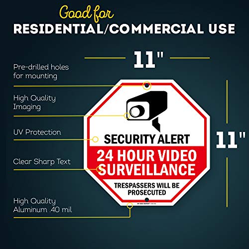 Securtity Alert 24 Hour Video Surveillance Trespassers Will Be Prosecuted Sign, 12" X 12" 0.40 Aluminum, Fade Resistance, Indoor/Outdoor Use, Usa Made By My Sign Center #TOP1