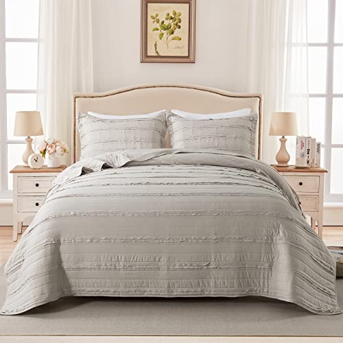 Honeilife Queen Quilt Bedding Set - 3 Pieces Washed Microfiber Quilt Sets Lightweight Bedspreads Ultra Soft Coverlets Vintage Bed Cover Ruffled Bedding Set All Season Quilts-Sandy #TOP2