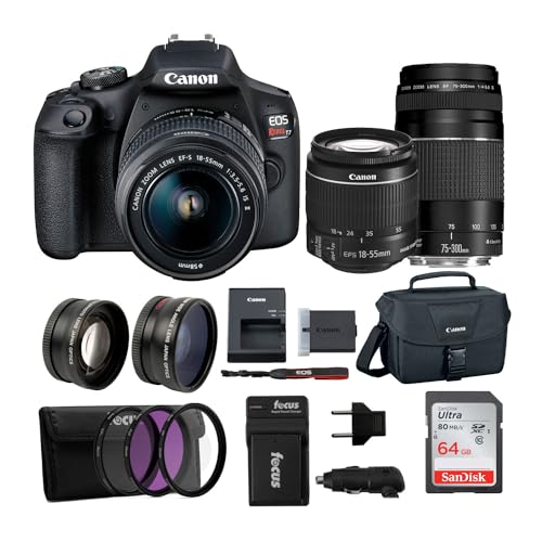 Canon EOS Rebel T7 EF18-55mm + EF 75-300mm Double Zoom KIT + 64GB Card + Bundle