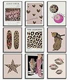 9-Piece Stylish Leopard Prints Canvas Wall Art Set, Lucky Lips, Pink 8-Ball Boots, Leopard Strolling Next To Posters, Skateboard, Bow Paintings, Seven Hearts Wall Decor, Preppy Style, Girls Bedroom, Apartment, Dorm Pictures, 8'X10' Unframed