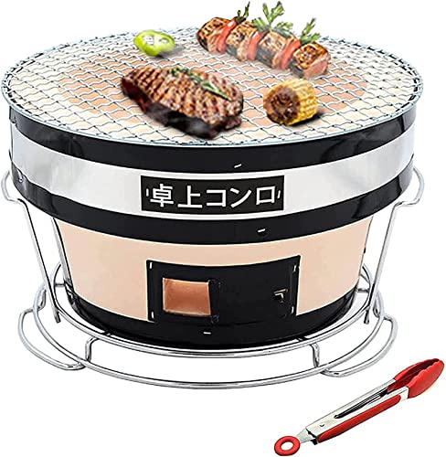 SmPinnaA Griglia Hibachi per Barbecue Giapponese in Argilla Ceramica, Barbecue A Carbonella da Tavolo Rotondo, Stufa Portatile A Carbone Yakitori con Pinze per Interni Ed Esterni