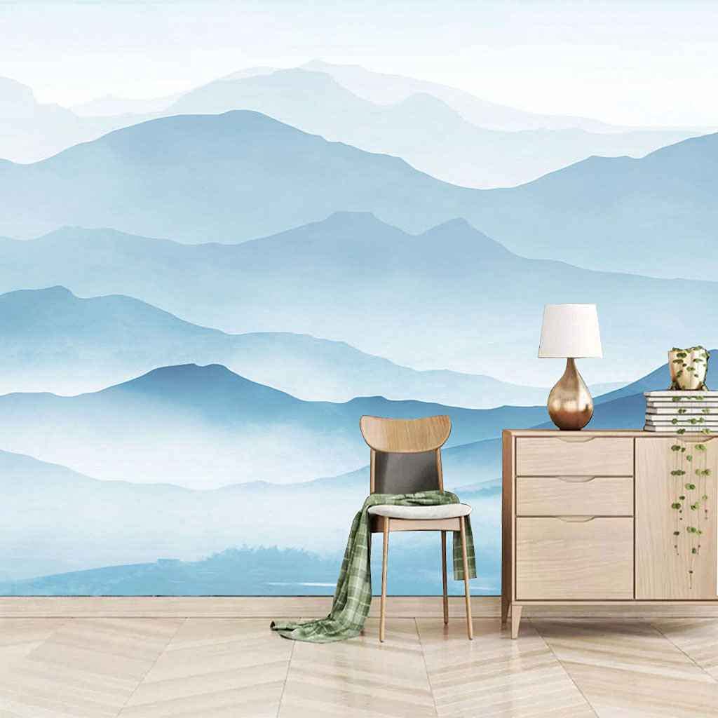 Papier peint canevas paysage encre bleue masque imperfections mur