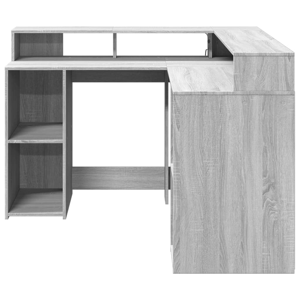 Homgoday Biurko z diodami LED Sonoma szare, 130 x 130 x 91 cm, z płyty wiórowej, meble biurkowe, biurko, biurko komputerowe, biurko, biurko do gier, do pokoju dziecięcego
