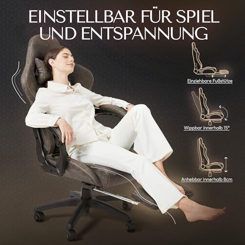 Sedia Gaming, da Ufficio, da scrivania con Massaggio e Supporto Lombare. Stile Vintage Sedia Girevole con Schienale Alto e con poggiapiedi Regolabile (Marrone) - Sedia gaming - Immagine 3
