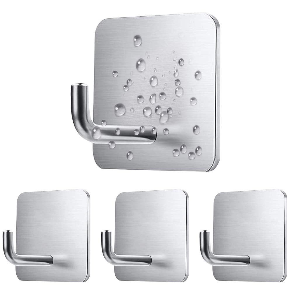 Alupper Self-Adhesive Hooks, 4 Pack, No Drilling Required, Stick on Hooks Holder for Tea Towel Robe Coat Kitchen Bathrooms, Stainless Steel Sticky Wall Hooks, Waterproof and Rustproof