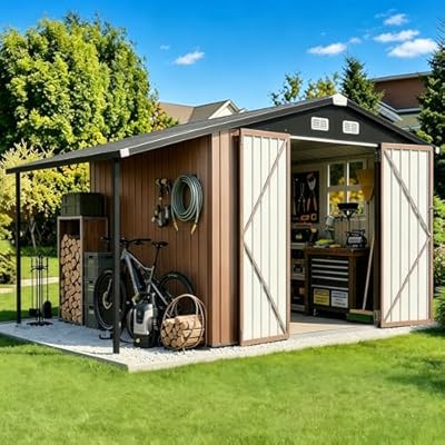 Aoxun 6x10 FT Outdoor Storage Shed Metal Sheds with Open Firewood Storage,Galvanized Steel Garden Shed with Lockable Doors,Sloped Roof,Windows, 2 in 1 Large Tool Shed for Patio, Backyard, Lawn