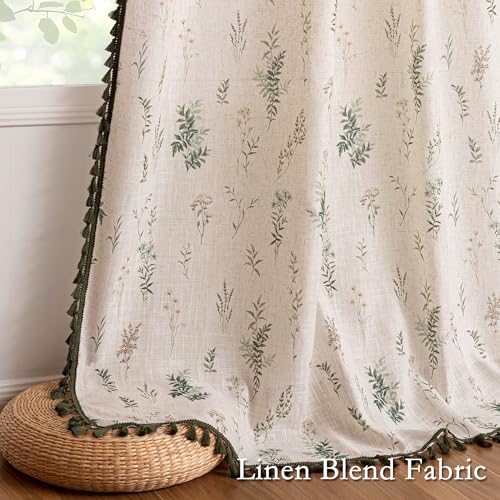 Image of MYSKY HOME Linen Boho Floral Curtains 96 inch Long 2 Panels Green Tassels Leaf Printed Rustic Country Light Filtering Semi Sheer Curtains for Living Room Bedroom, 52 inch Wide Each Panel