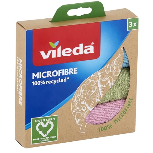 Vileda - Bayeta de microfibras recicladas, 100% microfibras, 3 bayetas hechas de botellas PET recicladas, multicolor