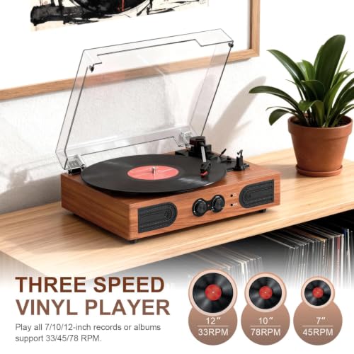 Image of Vinyl Record Player with Speakers,Bass Control, 3 Speed Bluetooth Turntable