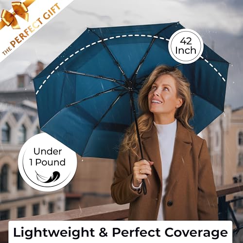 Image of TUMELLA Strongest Windproof Travel Umbrella (Compact, 100MPH Wind-Tested), Light, Portable, One-Handed Use, Automatic Folding Rain Umbrella, Durable, Premium Grip, Fits Car & Backpack