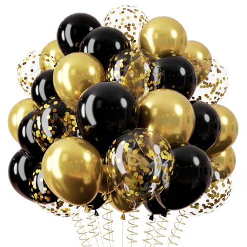 QIFU Black and Gold Balloons 12inch Gold and Black Balloons with Metallic Gold Confetti Balloon Latex Birthday Balloon for Men Boy Birthday Graduation Prom Decoration 2026 Congratulations