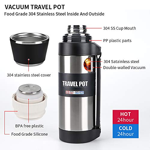 Stainless Steel Thermos With Cup – 51 Oz Double-Wall Vacuum Insulated Water Bottle For Travel – Large Coffee Thermoses With Handle – Keeps Liquid Hot Or Cold, Leak Resistant,Silver #TOP4