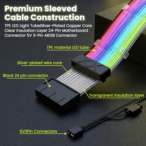 Image of ZORBES 24 Pin ARGB Motherboard Power Extension Cable, RGB LED PC Cable Extension with Addressable Lighting Sync, Sleeved 24 Pin PSU Extension for Gaming PC Build, Plug and Play RGB Mod Cable