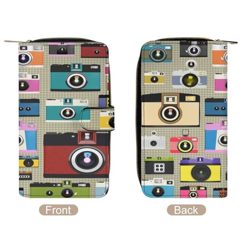 Women Soft PU Leather Wallet, Zipper Card Case Clutch Credit Bills Money Crash Coin 7.8x4.3x1.4 in Holder Purse Print Various Cameras in Retro Vintage Style4