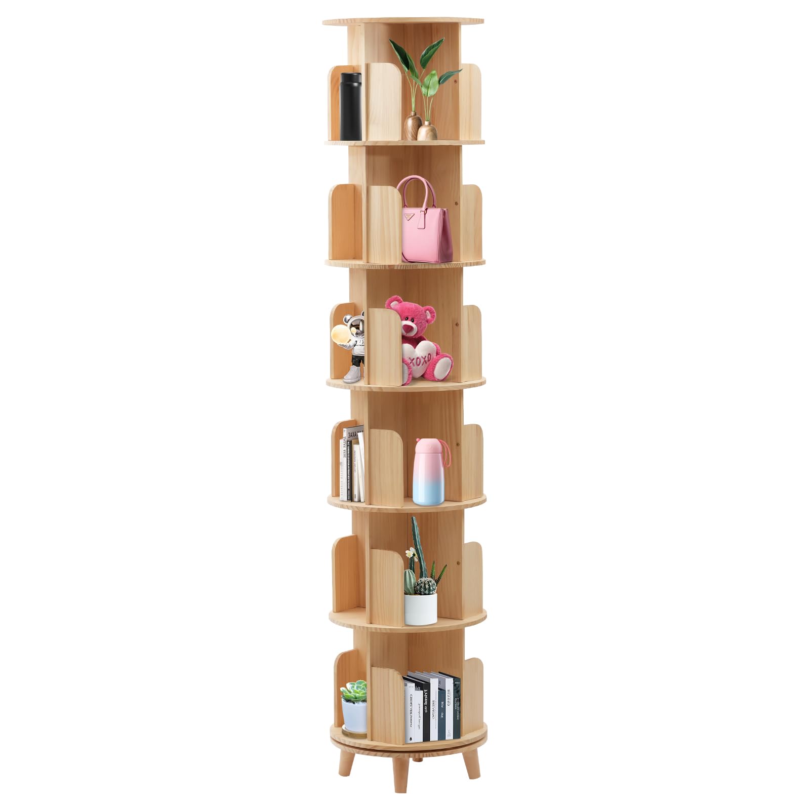 Estantería de madera giratoria de 6 niveles, 360°, para libros, de pie, para niños y adultos